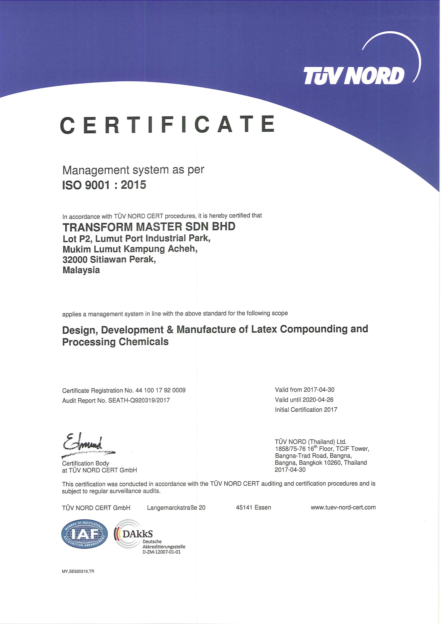 Transform Master Original Certificate QMS RCUA17 copy